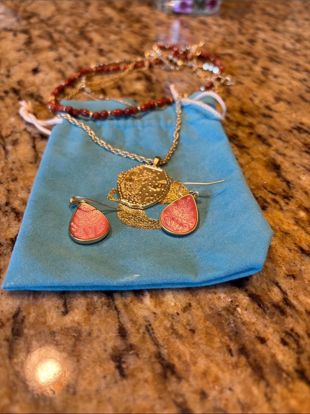 Gold Necklace and Pink Teardrop Earrings Set - Women Jewelry by Spartina
